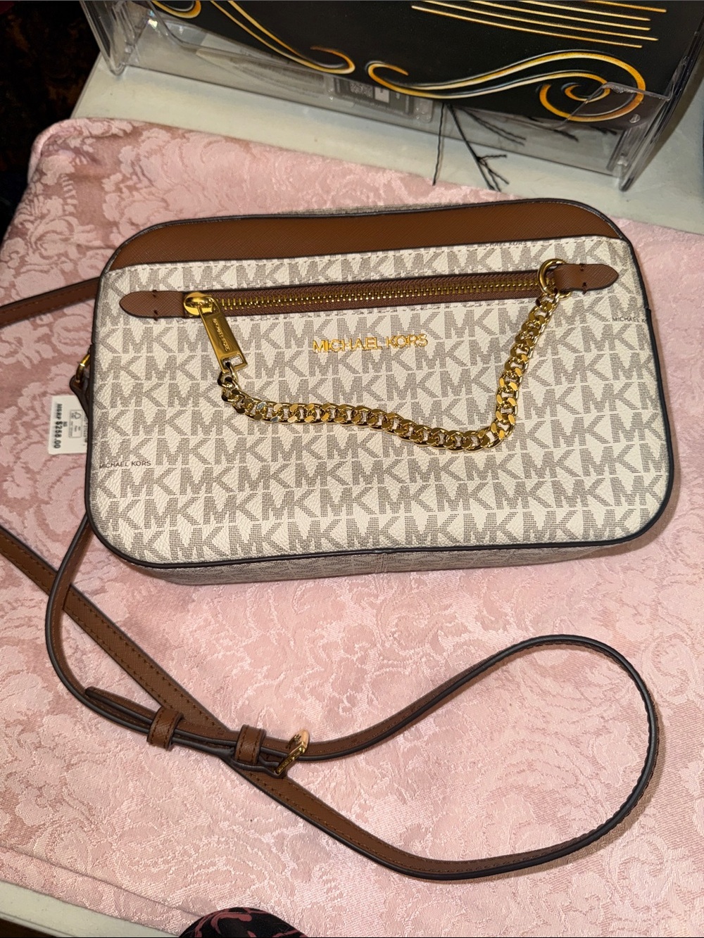 Michael Kors Cream and Brown Signature Chain Crossbody